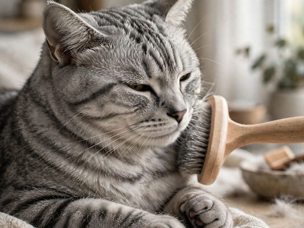 Grooming a Gray Tabby Cat